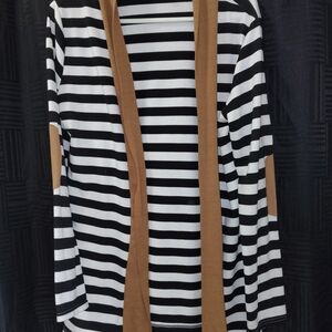 Striped Black & White Cardigan with Tan Trim